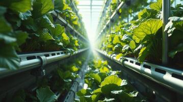 Innovative vertical farming system with leafy greens growing indoors photo