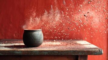 Mystical pot with red dust explosion on wooden table against red wall photo