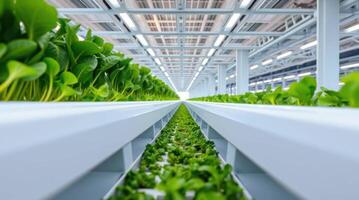 Indoor farming rows of green leafy vegetables growing hydroponically photo