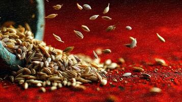 Cumin seeds falling from a mortar on red background creating dynamic scene photo
