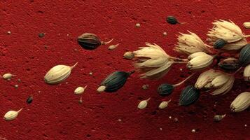 Dry flower seeds on a textured red background presenting natural beauty photo