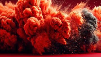 Dramatic explosion of vibrant red and black powder creates dynamic abstract art photo