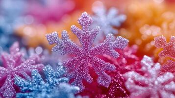 Colorful glitter snowflakes close-up, bokeh background, winter holiday card photo