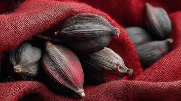 Exotic pods on red burlap create a captivating natural texture image photo