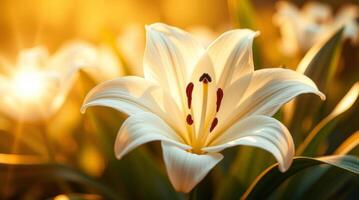 Radiant white lily flower in golden light with blurred background blooms photo