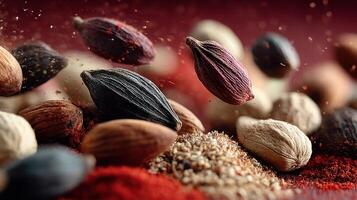 Exotic spices composition featuring cardamom, almonds, and vibrant red powder photo