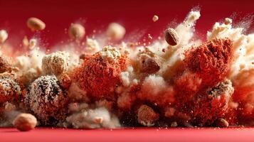 Exploding dessert ingredients creating a vibrant culinary explosion event photo