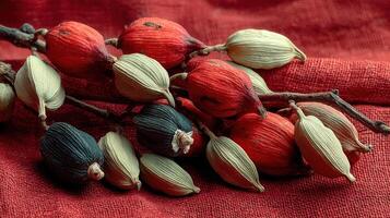 Decorative branch with colorful dried seed pods on textured red fabric photo