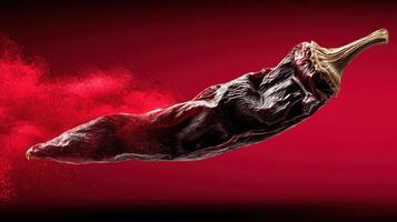 Dried chili pepper with paprika powder explosion on red background photo