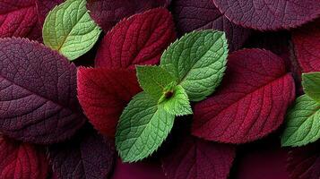 Fresh Mint Leaves and Burgundy Foliage Create a Vibrant Natural Texture photo
