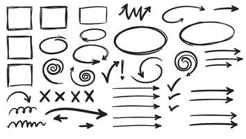 Artistic sketch elements including arrows marks and frames for visual presentation accents vector