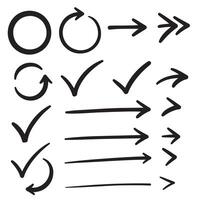 Hand drawn silhouettes of check marks arrows frames and circles for minimal design elements vector
