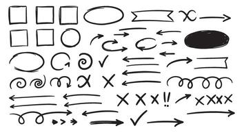 Sketched design set with playful arrows checkmarks and borders for creative digital tools vector