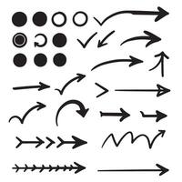 Set of hand drawn line and arrow check marks with circle frames and silhouette designs vector