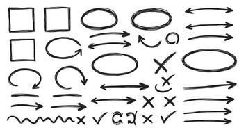 Marker style hand drawn symbols and arrows used for underlining highlighting and notes vector
