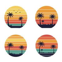Bundle of retro sunset graphics with summer theme in classic palm and surfboard design style vector