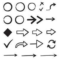 Hand drawn silhouettes of arrows circles frames and check marks in simple design bundle vector