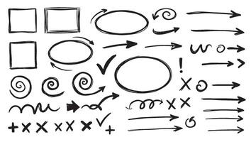 Swirly arrows oval shapes and check signs all hand drawn for visual creative compositions vector