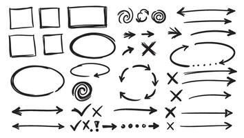 Curved arrows check signs and shapes hand sketched for casual art and educational use vector