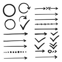 Set of hand drawn arrow check marks circle frames and line silhouettes for modern design use vector