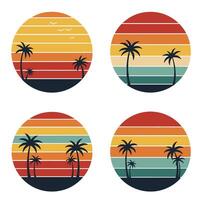 Set of retro summer sunset graphics with palm trees and beach themes in classic faded style vector