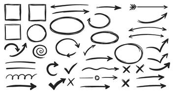 Fun sketchy elements with curved arrows outlined boxes and symbols for design enhancements vector
