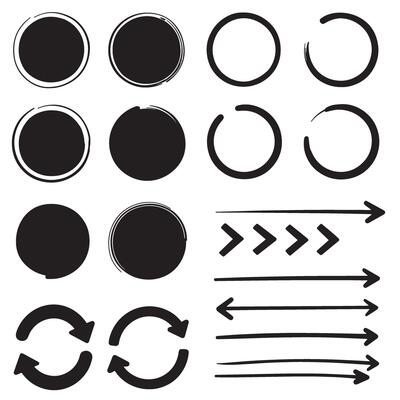 Bundle of hand drawn check marks frames arrows and circles with line silhouettes for design
