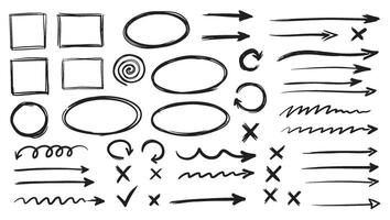 Hand drawn arrows check marks and frames set with sketch style for creative design projects vector
