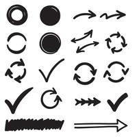 Hand drawn circle frames and check marks with arrows and lines in modern silhouette set vector