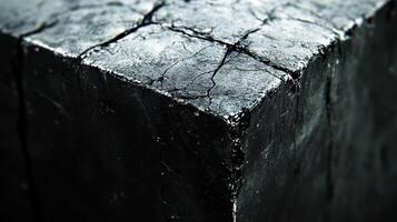 Cracked dark cube, close-up texture, abstract background, design element photo