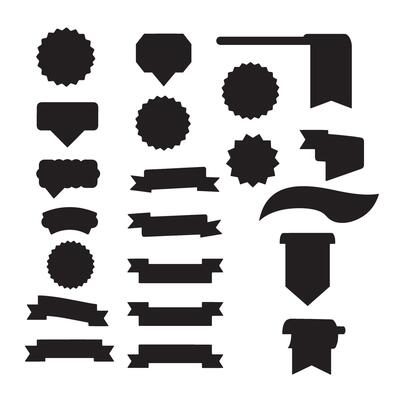 Retro start ribbons banner element set silhouette with curved scroll, folded tag, and outline style banners