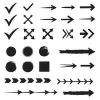 Check marks, crossed, arrows, underlines, circles, squares, brush stroke icon element silhouette bundle art set vector