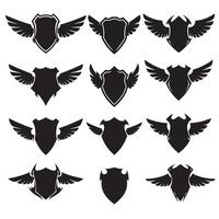 Unique shields wings element silhouette bundle with minimal warrior badge designs, abstract elements, and premium branding symbols vector