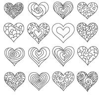 Bundle of heart icons with silhouette drawing line art for pattern decoration and coloring page variation vector