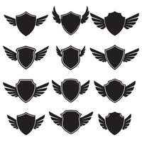Unique shields wings element silhouette bundle of heroic decorative shapes, protective emblem outlines, and old-school crest icons vector