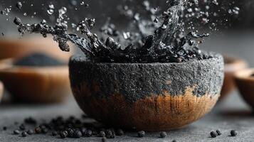 Dark liquid splashing in a wooden bowl creating dynamic abstract shapes photo