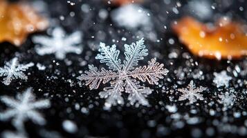 Close-up snowflake, winter scene, falling snow, dark background, nature photography photo