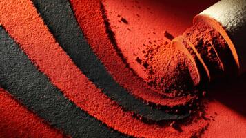 Red pigment powder spilling with black sand from container texture photo