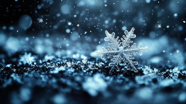 Single snowflake on snow, winter night, bokeh background, holiday card photo