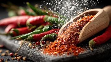 Fresh red and green chili peppers with chili powder on a wooden scoop photo