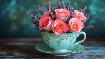 Peach roses and lavender bouquet in vintage teacup photo