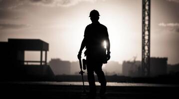 Silhouette of construction worker standing tall on a building site at sunset photo