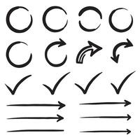 Editable bundle of hand drawn frames circles arrows and check marks with clean silhouettes vector