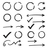 Editable hand drawn silhouettes of check marks arrows circle frames and lines in creative pack vector