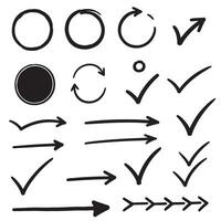 Circle frame check marks and arrows hand drawn in clean silhouette style for graphic projects vector