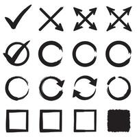 Check marks, crossed, arrows, underlines, circles, squares, brush stroke icon element silhouette bundle flat set vector