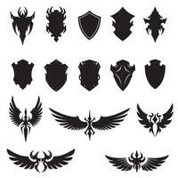 Unique shields wings element silhouette bundle with abstract shape design, fantasy wing decorations, and custom branding icon set vector