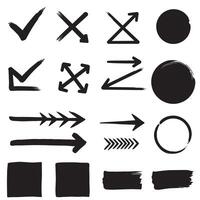 Check marks, crossed, arrows, underlines, circles, squares, brush stroke icon element silhouette bundle for web vector