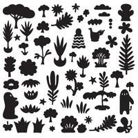 Groovy Funky element set bundle silhouette with abstract cartoon lines, floral swirl patterns, hand gestures, and stars vector