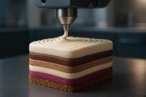 3D food printer creating layered cake with colorful layers and smooth frosting in a modern kitchen setting photo